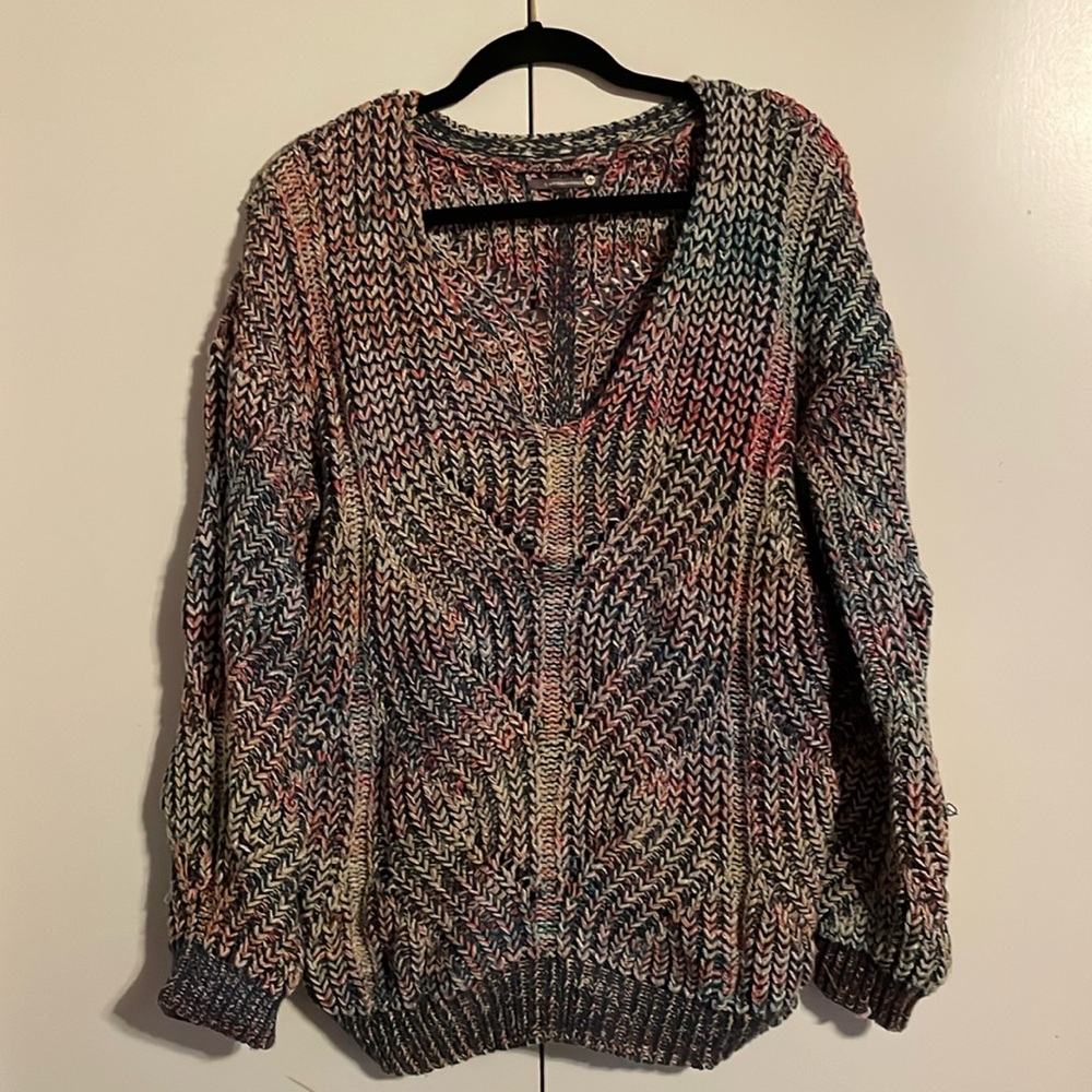 Anthropologie Chunky cable knit v neck sweater large multicolor
